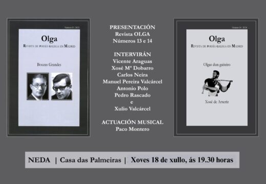 Neda acolle este xoves a presentación dos novos  números da revista Olga, de poesía galega en Madrid 